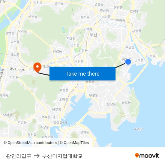 광안리입구 to 부산디지털대학교 map
