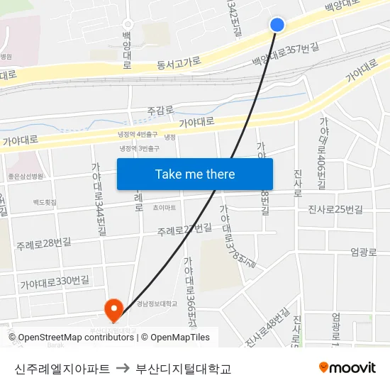 신주례엘지아파트 to 부산디지털대학교 map