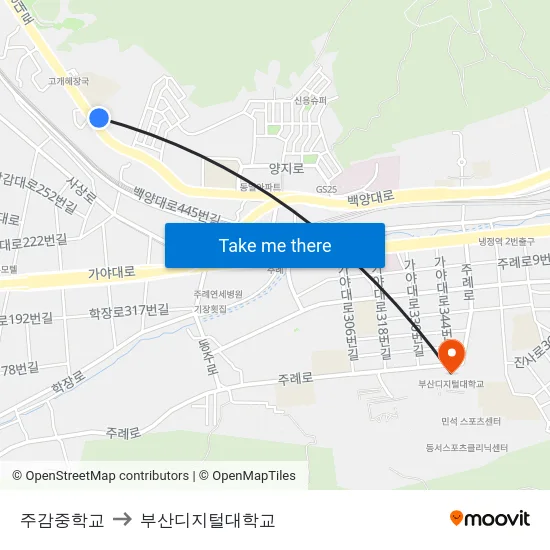 주감중학교 to 부산디지털대학교 map