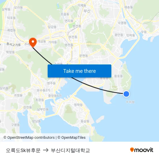 오륙도Sk뷰후문 to 부산디지털대학교 map