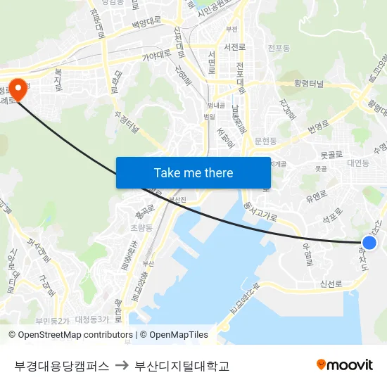 부경대용당캠퍼스 to 부산디지털대학교 map