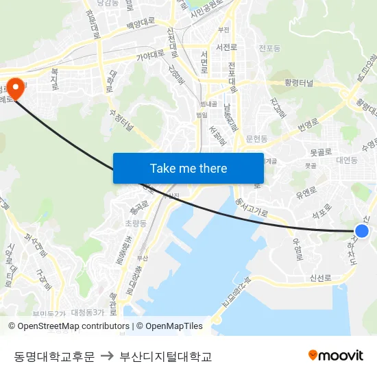동명대학교후문 to 부산디지털대학교 map