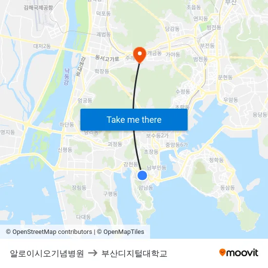알로이시오기념병원 to 부산디지털대학교 map