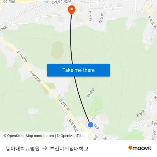 동아대학교병원 to 부산디지털대학교 map