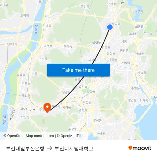 부산대앞부산은행 to 부산디지털대학교 map