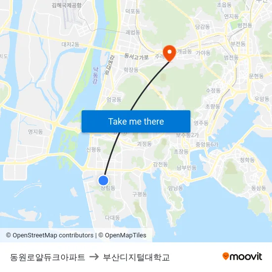 동원로얄듀크아파트 to 부산디지털대학교 map