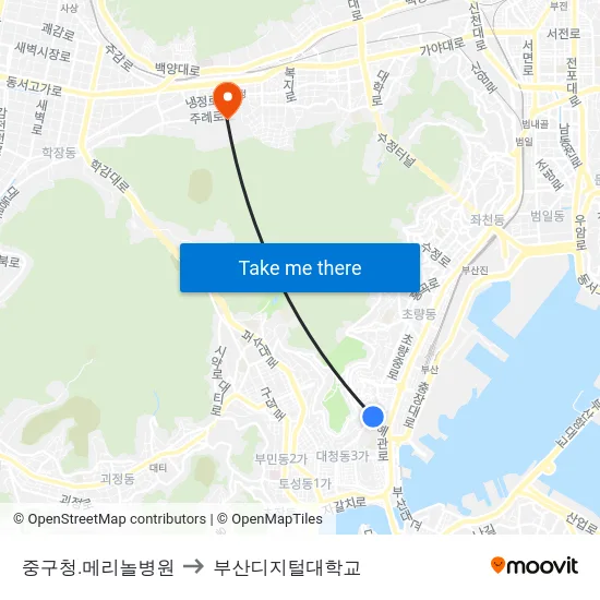 중구청.메리놀병원 to 부산디지털대학교 map