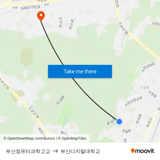 부산컴퓨터과학고교 to 부산디지털대학교 map