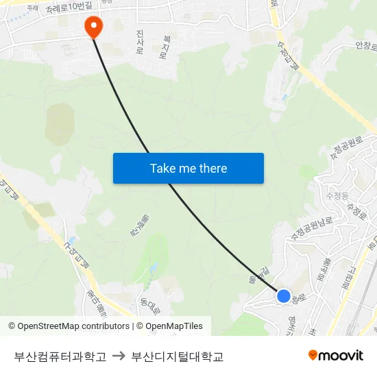 부산컴퓨터과학고 to 부산디지털대학교 map