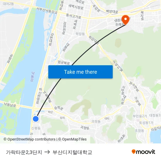 가락타운2,3단지 to 부산디지털대학교 map
