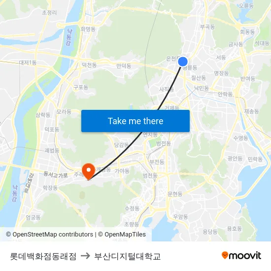 롯데백화점동래점 to 부산디지털대학교 map