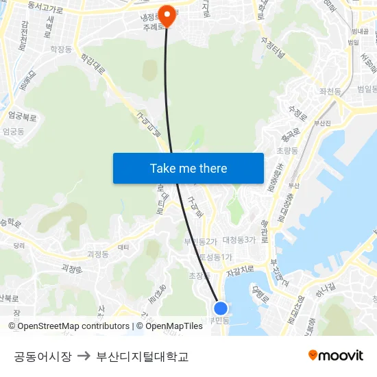 공동어시장 to 부산디지털대학교 map