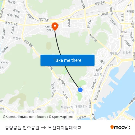중앙공원 민주공원 to 부산디지털대학교 map