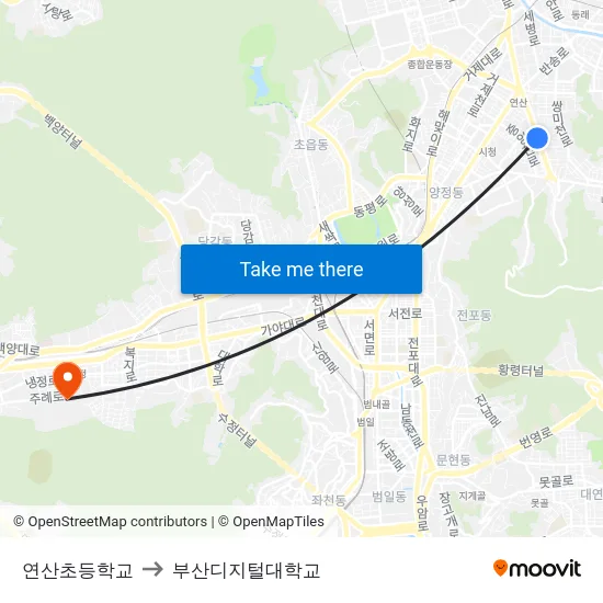 연산초등학교 to 부산디지털대학교 map