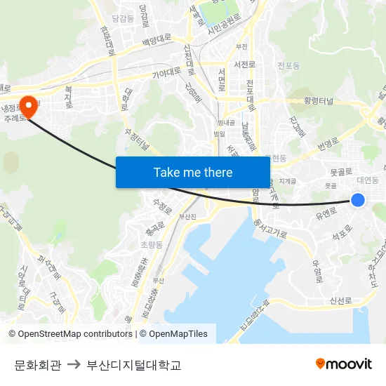 문화회관 to 부산디지털대학교 map