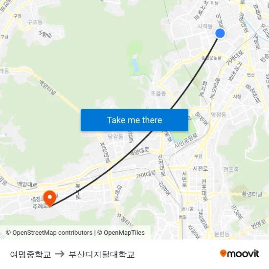 여명중학교 to 부산디지털대학교 map