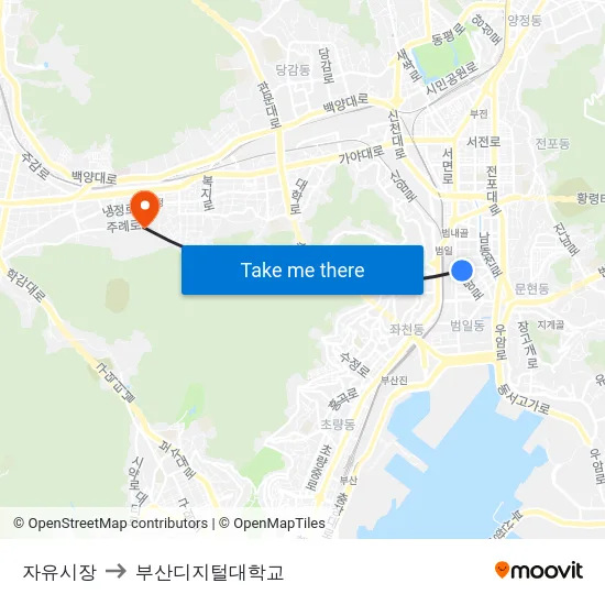 자유시장 to 부산디지털대학교 map