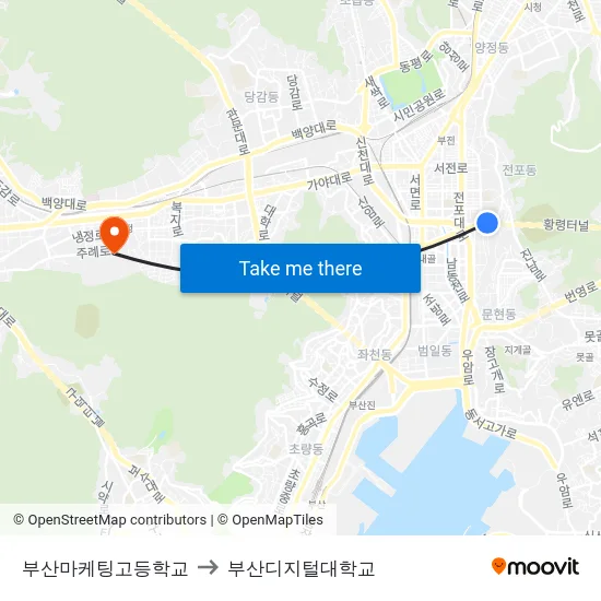 부산마케팅고등학교 to 부산디지털대학교 map
