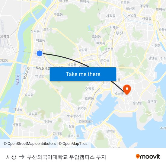 사상 to 부산외국어대학교 우암캠퍼스 부지 map