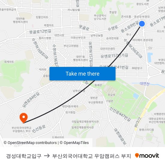 경성대학교입구 to 부산외국어대학교 우암캠퍼스 부지 map