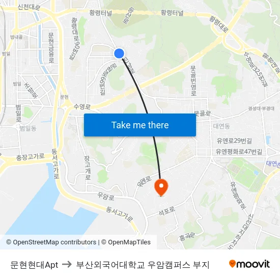 문현현대Apt to 부산외국어대학교 우암캠퍼스 부지 map