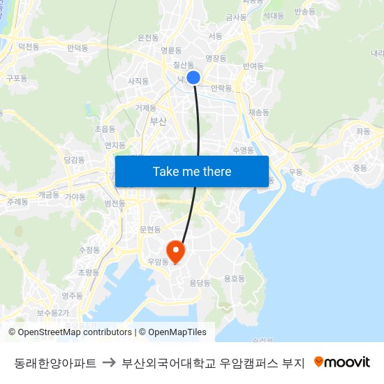 동래한양아파트 to 부산외국어대학교 우암캠퍼스 부지 map