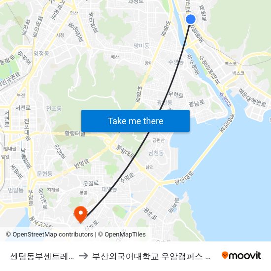 센텀동부센트레빌 to 부산외국어대학교 우암캠퍼스 부지 map