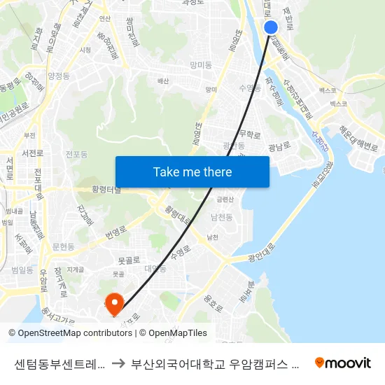 센텀동부센트레빌 to 부산외국어대학교 우암캠퍼스 부지 map