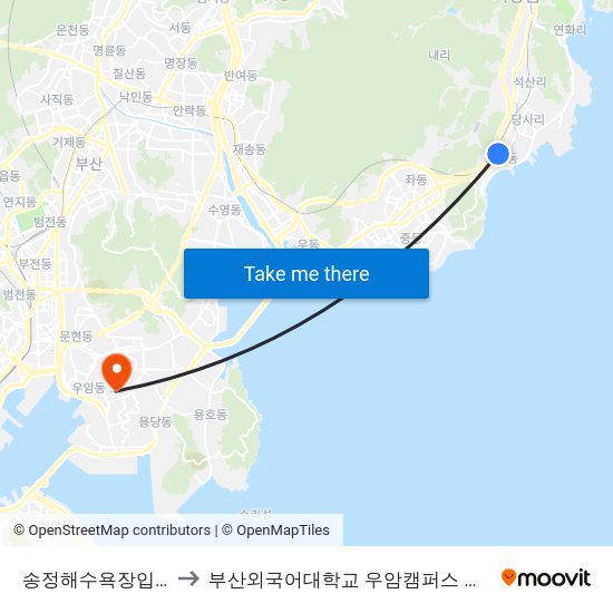 송정해수욕장입구 to 부산외국어대학교 우암캠퍼스 부지 map