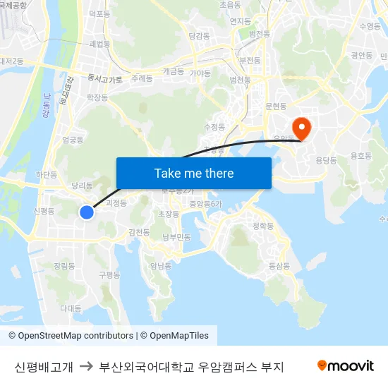 신평배고개 to 부산외국어대학교 우암캠퍼스 부지 map
