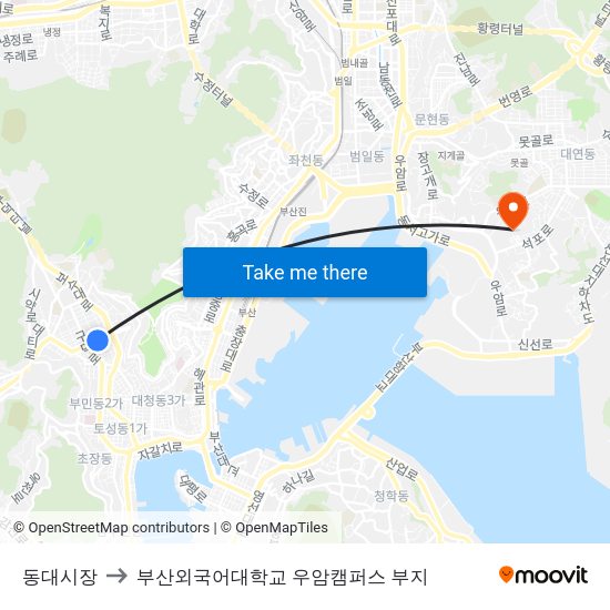 동대시장 to 부산외국어대학교 우암캠퍼스 부지 map