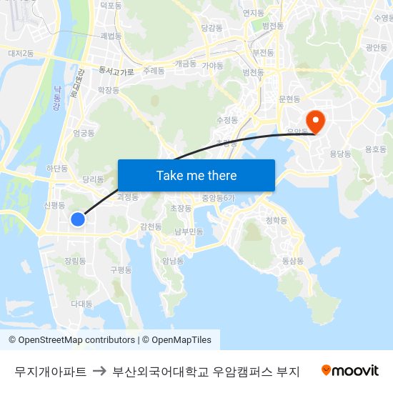 무지개아파트 to 부산외국어대학교 우암캠퍼스 부지 map