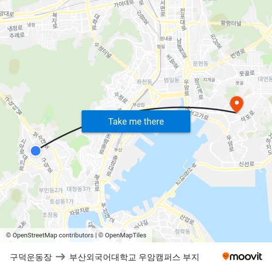 구덕운동장 to 부산외국어대학교 우암캠퍼스 부지 map