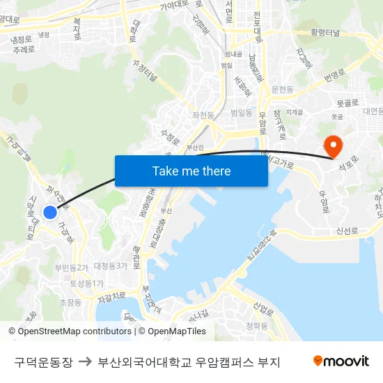 구덕운동장 to 부산외국어대학교 우암캠퍼스 부지 map