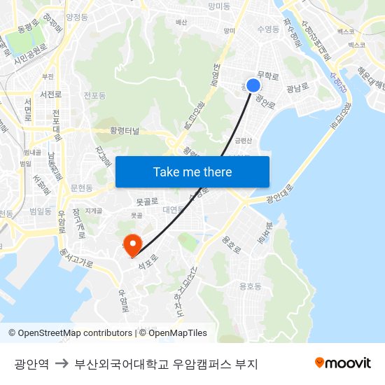 광안역 to 부산외국어대학교 우암캠퍼스 부지 map
