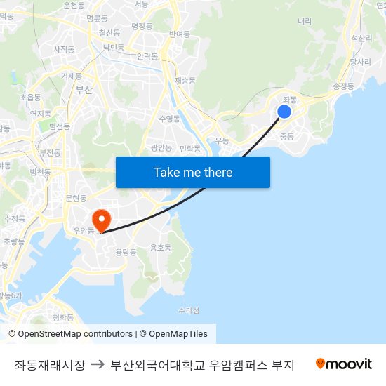 좌동재래시장 to 부산외국어대학교 우암캠퍼스 부지 map