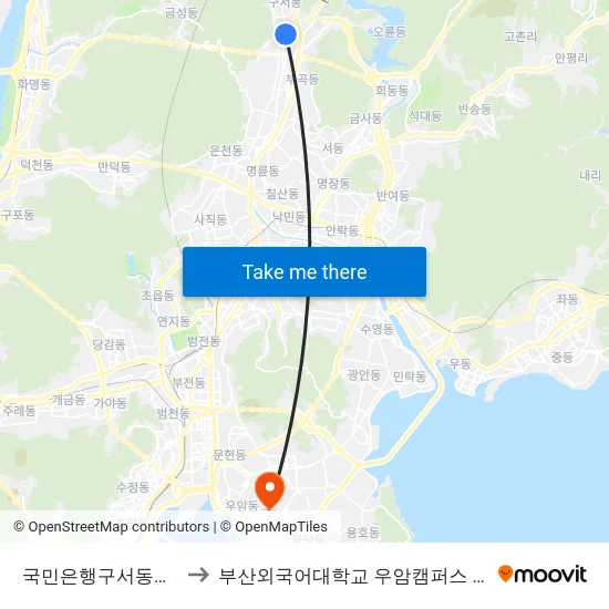 국민은행구서동지점 to 부산외국어대학교 우암캠퍼스 부지 map