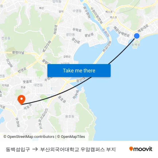 동백섬입구 to 부산외국어대학교 우암캠퍼스 부지 map