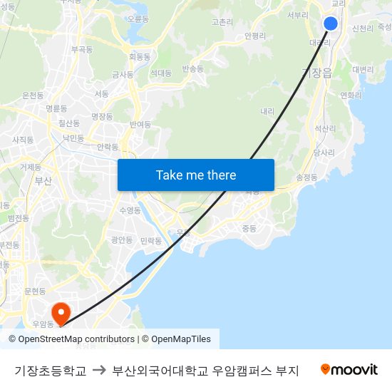 기장초등학교 to 부산외국어대학교 우암캠퍼스 부지 map
