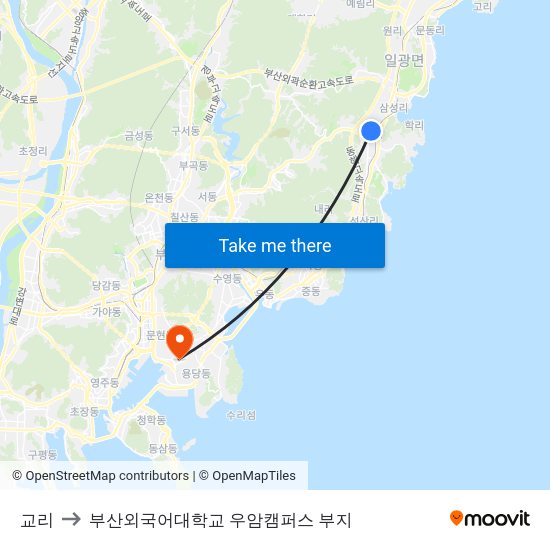 교리 to 부산외국어대학교 우암캠퍼스 부지 map