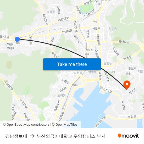 경남정보대 to 부산외국어대학교 우암캠퍼스 부지 map