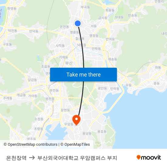 온천장역 to 부산외국어대학교 우암캠퍼스 부지 map