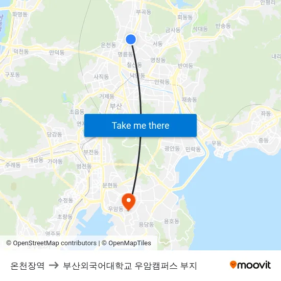 온천장역 to 부산외국어대학교 우암캠퍼스 부지 map
