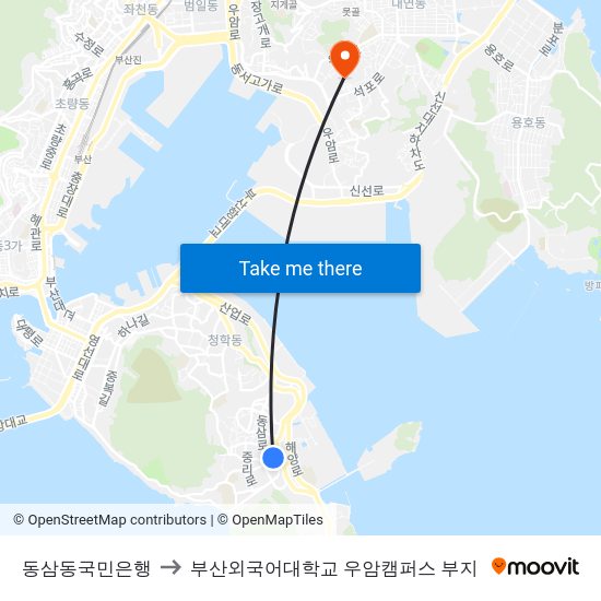 동삼동국민은행 to 부산외국어대학교 우암캠퍼스 부지 map