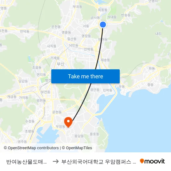 반여농산물도매시장 to 부산외국어대학교 우암캠퍼스 부지 map