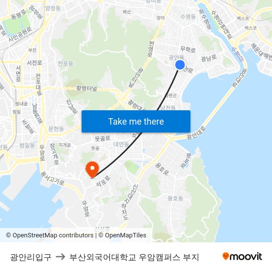 광안리입구 to 부산외국어대학교 우암캠퍼스 부지 map