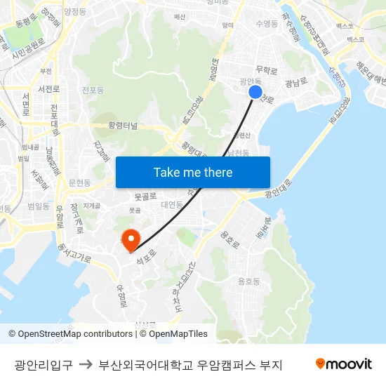 광안리입구 to 부산외국어대학교 우암캠퍼스 부지 map