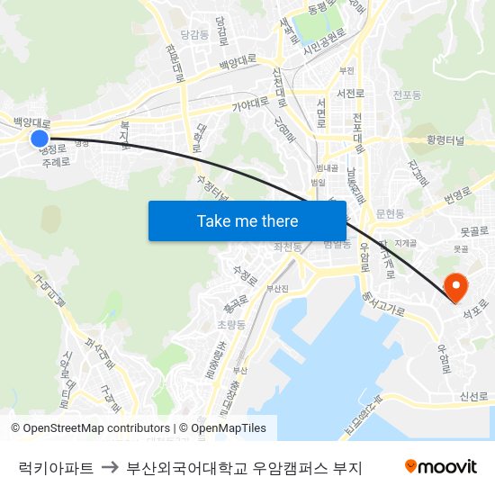 럭키아파트 to 부산외국어대학교 우암캠퍼스 부지 map