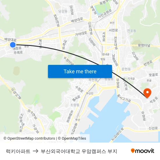 럭키아파트 to 부산외국어대학교 우암캠퍼스 부지 map