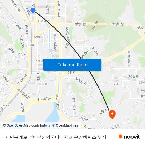 서면복개로 to 부산외국어대학교 우암캠퍼스 부지 map